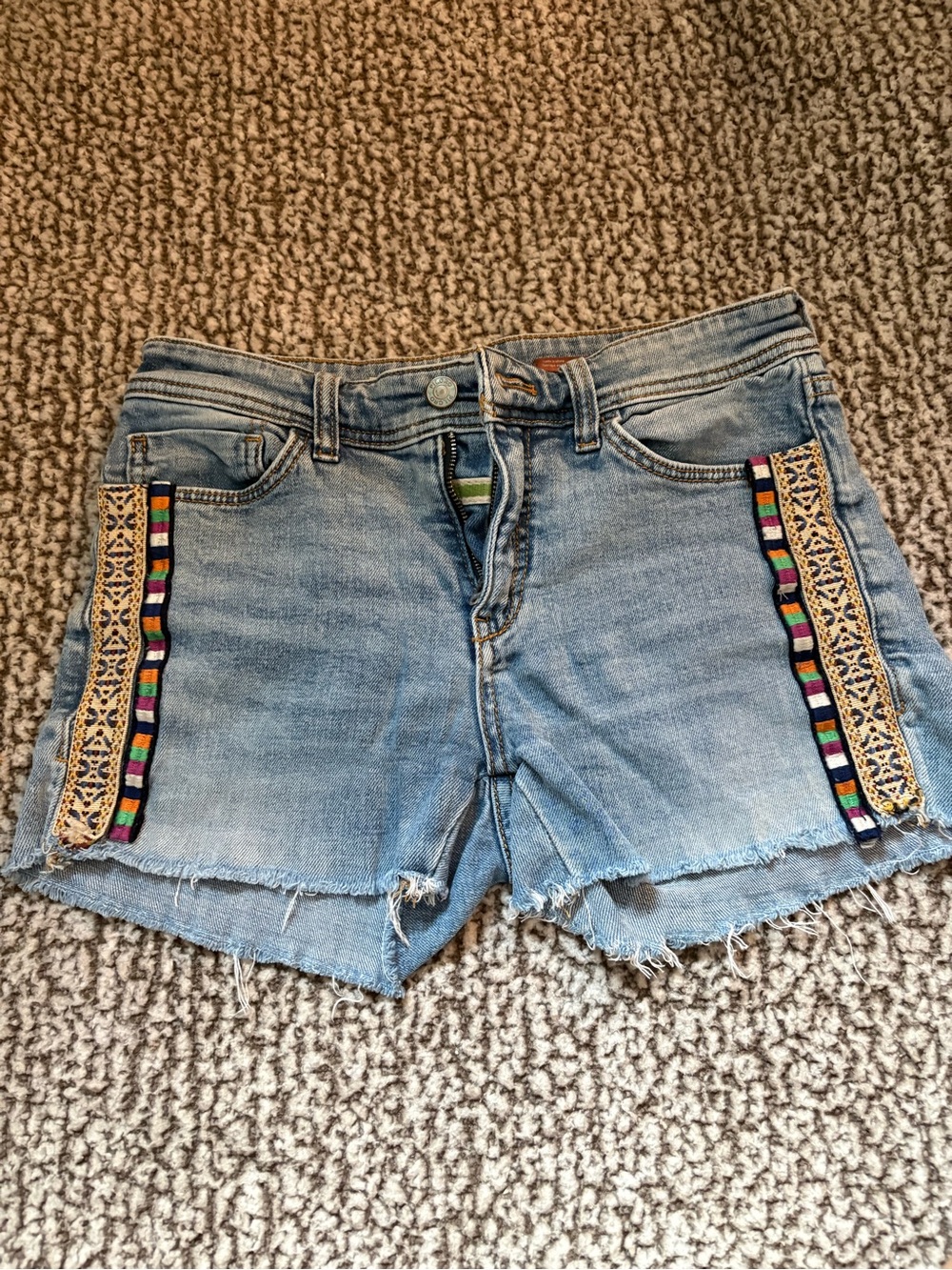 Pilcro Light Blue Denim Shorts with Multicolor Embroidered Trim